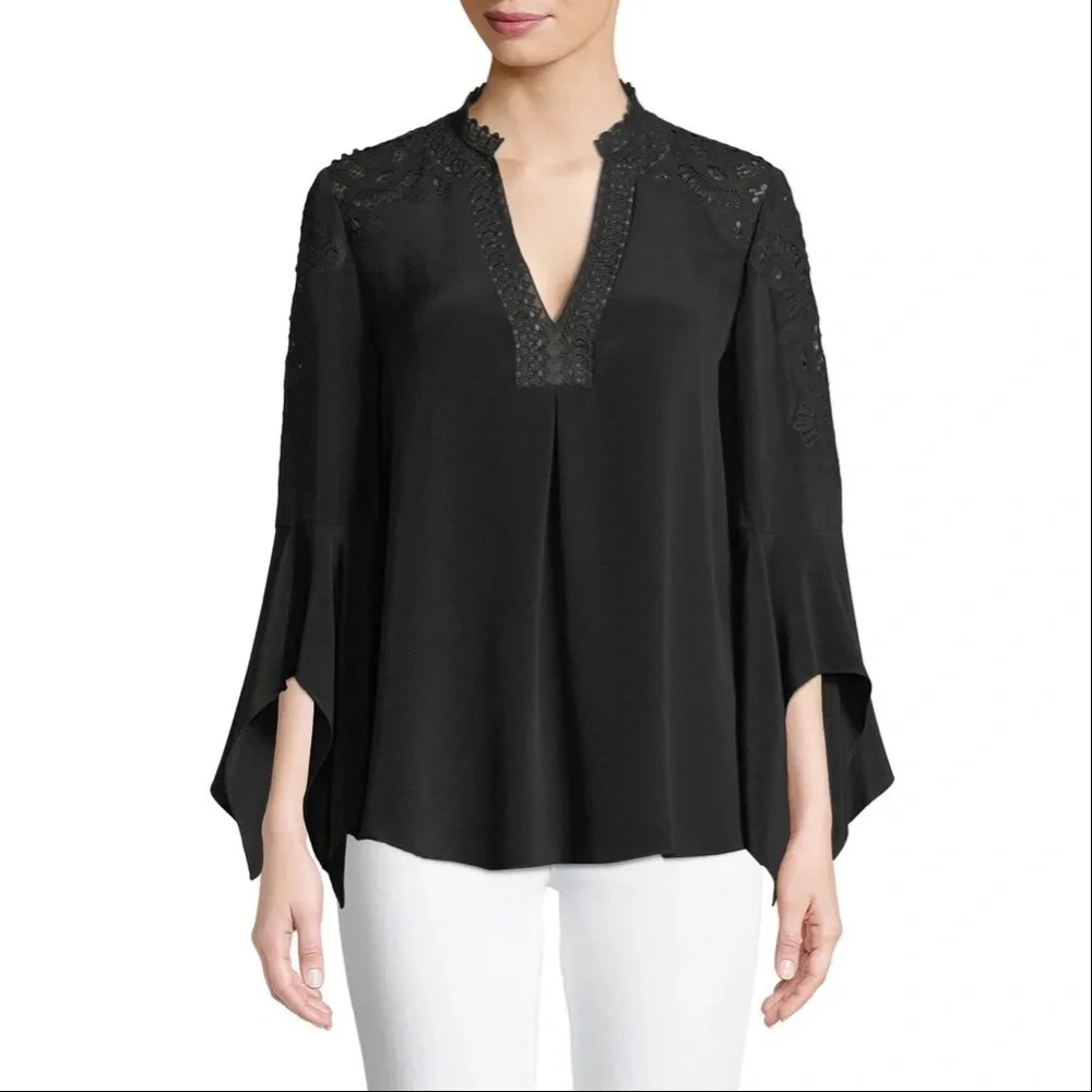 Kobi Halperin Jessa V Neck Silk Blouse Embroidered Lace Flared Long Sleeve XS